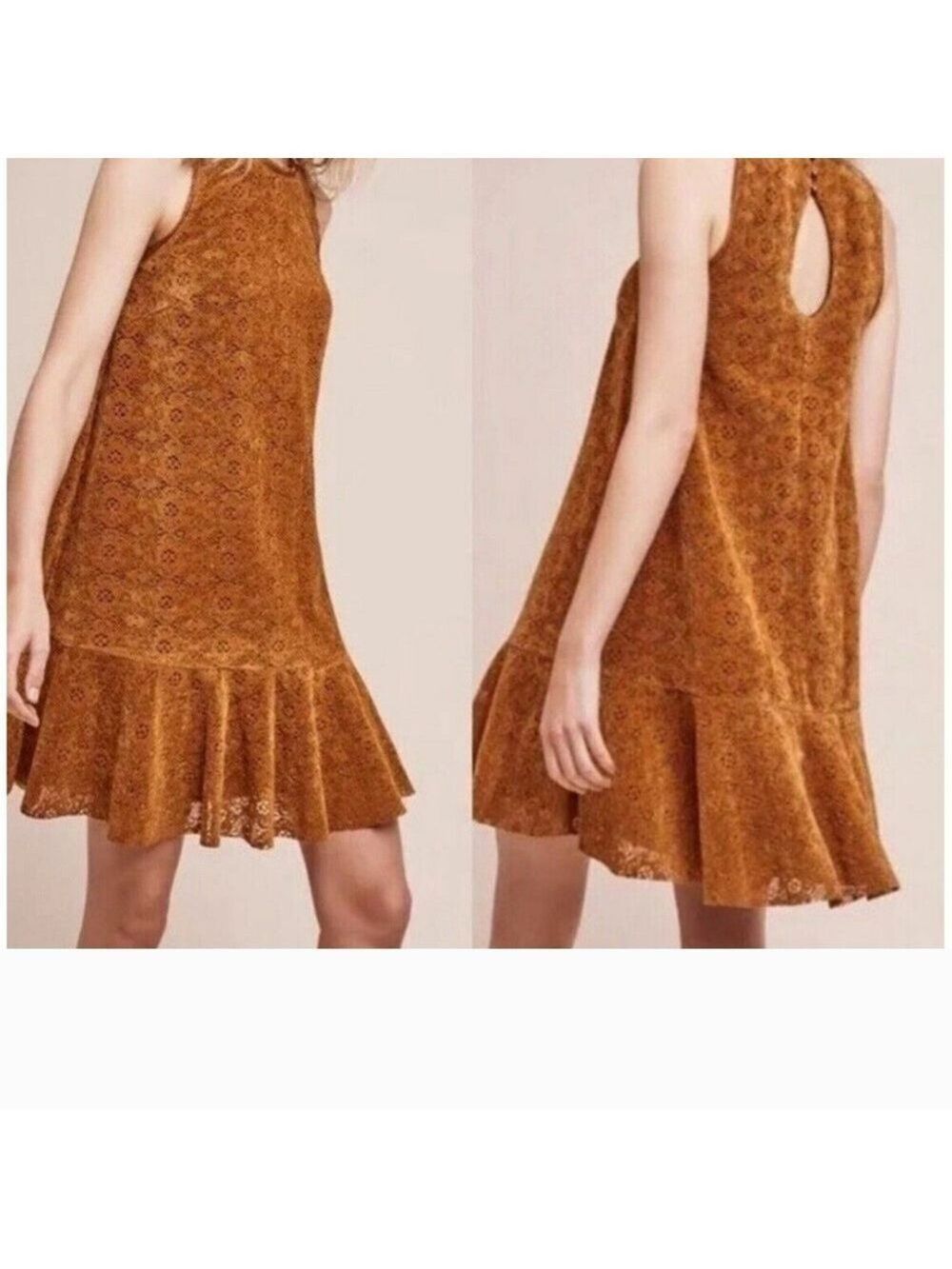 Anthropologie Maeve Rust Vegan Suede Lace Mini Dress Size 0 NWT